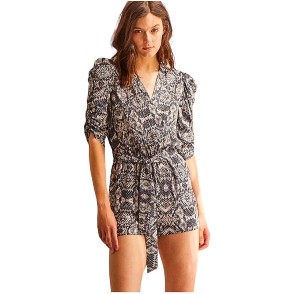 Amanda Uprichard Snakeskin Print Puff Sleeve Romper Grey Black Large